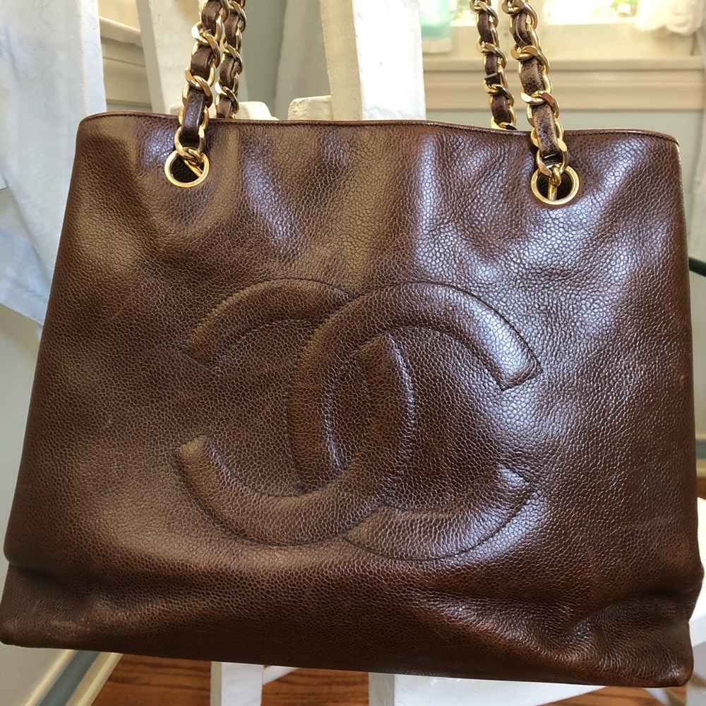 chanel CC logo brown gold chain shoulder bag